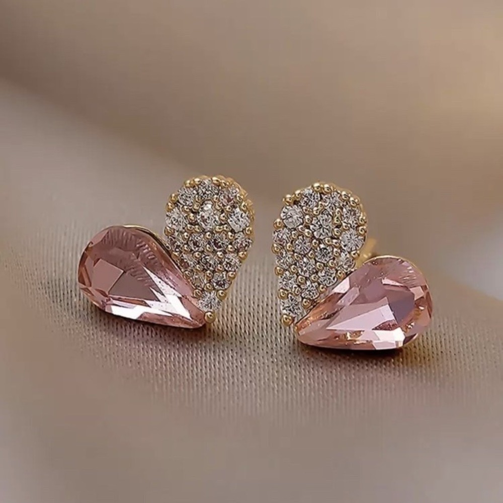 Rose Pink Heart Crystal Rhinestone Stud Earrings Yellow Gold Accent Fine Jewelry